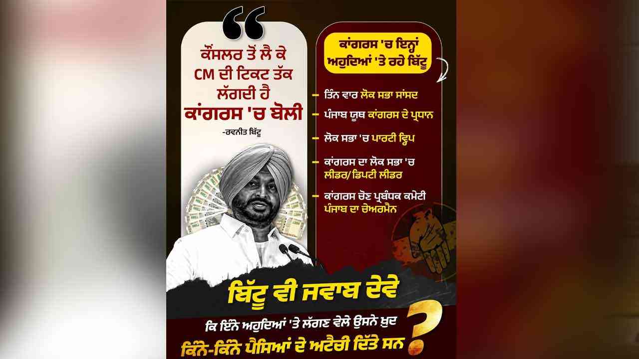 AAP ਦਾ ਬਿੱਟੂ ਨੂੰ ਸਵਾਲ, ਅਹੁਦਿਆਂ ਲਈ ਦਿੱਤੇ ਕਿੰਨੇ ਪੈਸੇ?