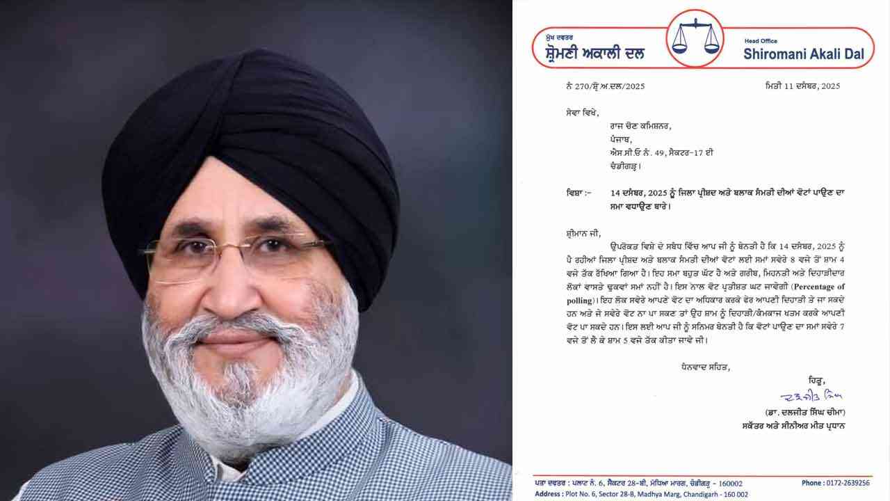 ਪੰਜਾਬ 'ਚ ਜ਼ਿਲ੍ਹਾ ਪ੍ਰੀਸ਼ਦ ਤੇ ਪੰਚਾਇਤ ਸੰਮਤੀ ਚੋਣਾਂ, SAD ਨੇ ਵੋਟਿੰਗ ਦਾ ਸਮਾਂ ਵਧਾਉਣ ਦੀ ਕੀਤੀ ਮੰਗ