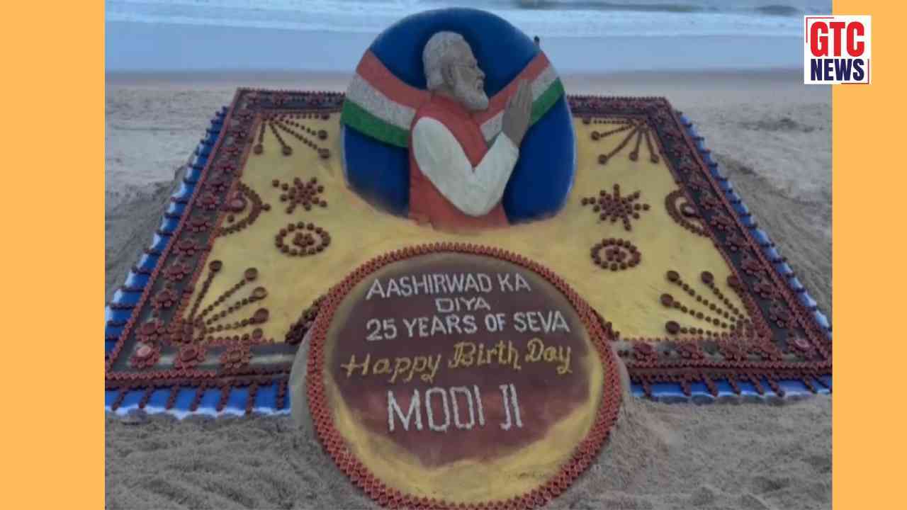 Sudarsan Pattnaik creates 25-foot sand art with 2,500 diyas for PM Modi’s 76th birthday