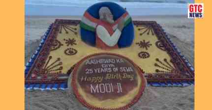 Sudarsan Pattnaik creates 25-foot sand art with 2,500 diyas for PM Modi’s 76th birthday